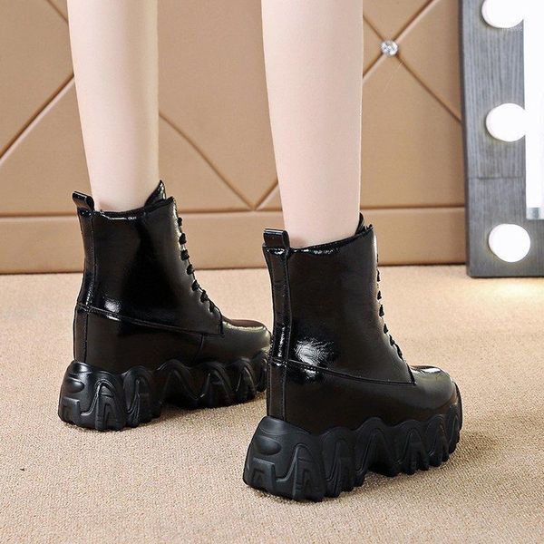 

boots winter women ankle 2021 autumn ladies platform 11cm high wedges leather casual snow woman warm fur chunky sneakers1, Black