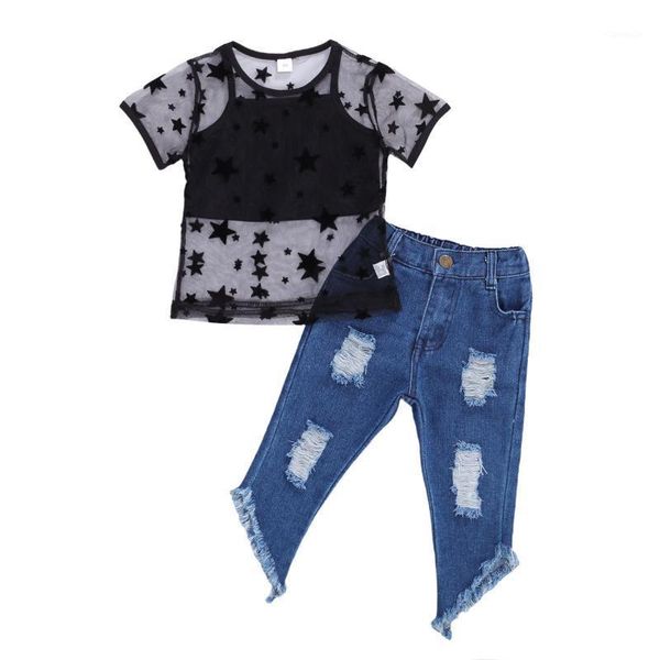 

clothing sets fashion children girls black tank short sleeve star t-shirt hole denim pant jeans 3pcs kids set for 1-6y1, White