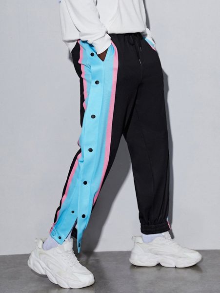 

men drawstring waist contrast sideseam sweatpants t44s#, Black
