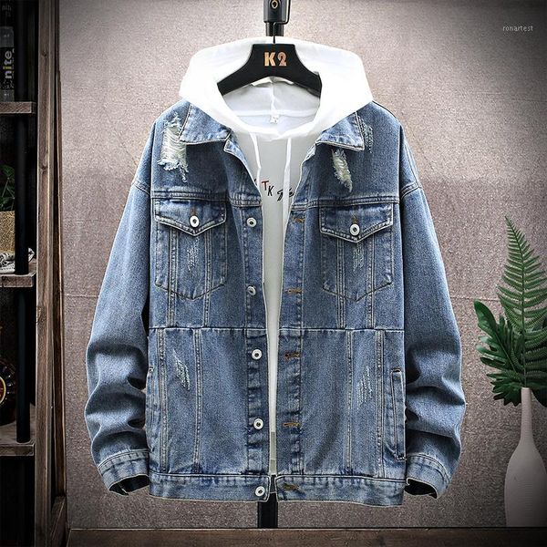 

2020 autumn man trend korean version of loose large size demin jackets multi - pocket ripped cowboy coat male size m to 5xl1, Black;brown