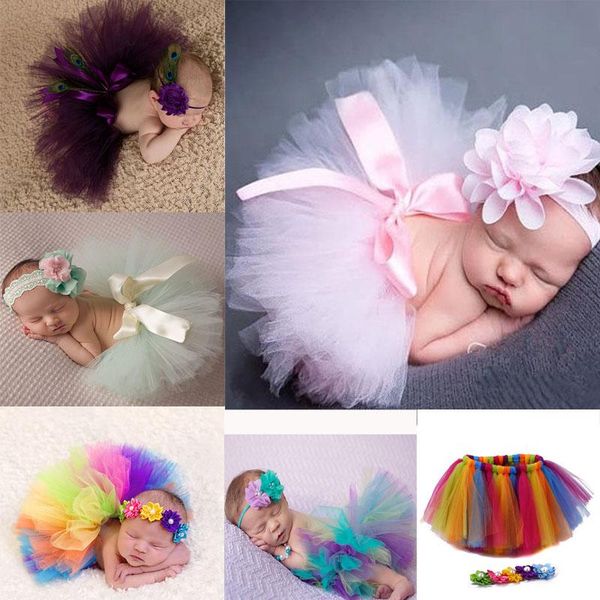 

clothing sets infant born baby girl clothes flower headband mesh ball gown tutu skirts pography prop set, White