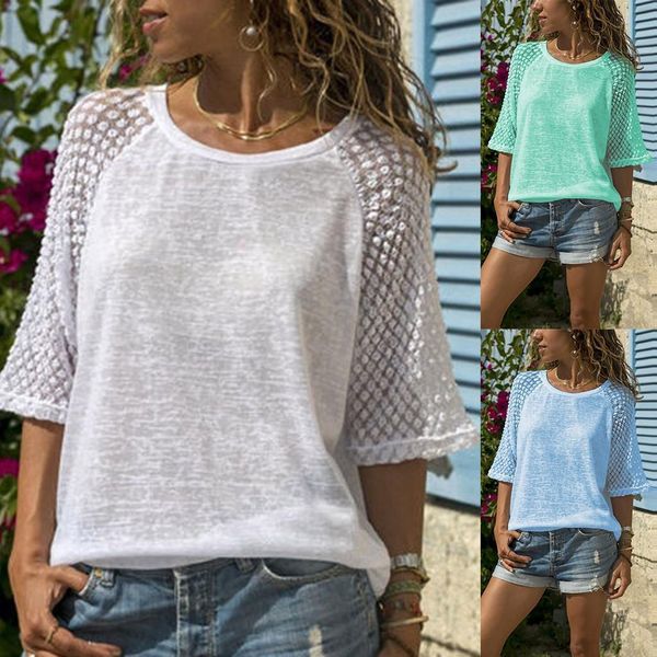 

women casual lace stitching three quarter sleeve polyester round neck cropped sleeves camisa mujer drop shipping, White