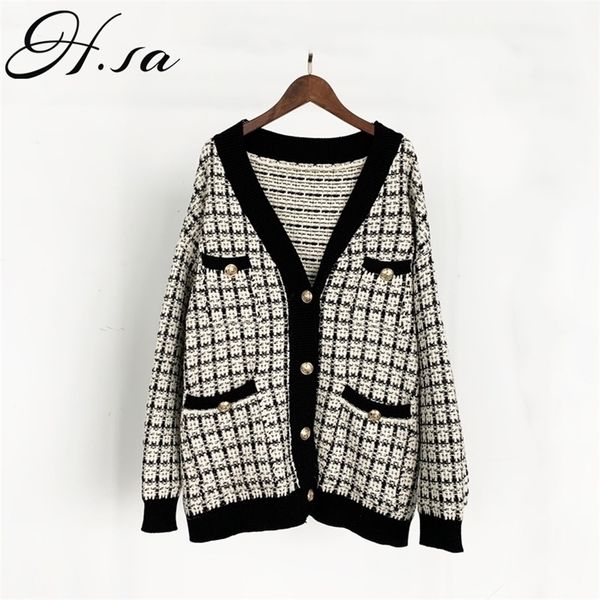 

h.sa women sweater jacket oversized knitted cardigans loose plaid jumpers korean clothing robe long elegnat female coat 201128, White;black