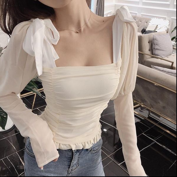 

new korean square collar bubble sleeve shirts women design niche slim ruched blouse black white blouse pure color ladies