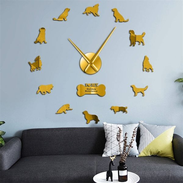 Dog dourado silencioso quartzo diy parede retriever cachorro canino animal de estimação auto adesivo relógio relógio moda decoração de casa 201212