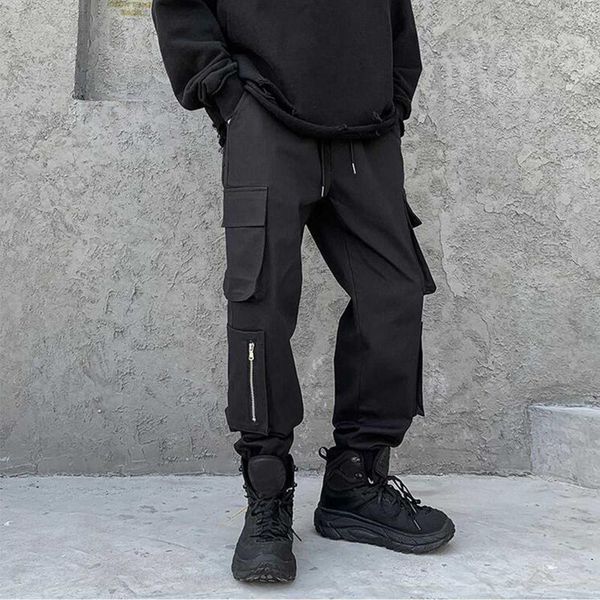 

men's black casual pants trendy high-waist elastic band pocket men's overalls outdoor casual all-match trousers#g30