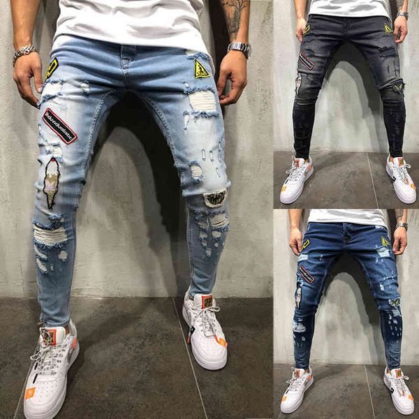 

fashion new male hole badge embroidery denim trousers pants men's streetwear hiphop skinny casual patch jeans, Blue