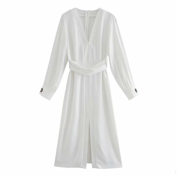 

2021 new women elegant fashion tied belt v-neck long sleeves midi dress vintage hem front vents back zip mujer chic dresses tu87, Black;gray