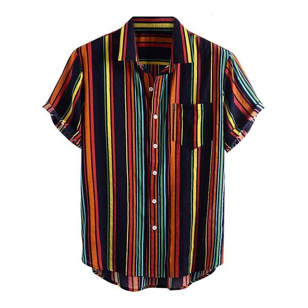 

pocket shirt men summer short sleeve 2020 rainbow striped shirts multicolor men loose shirts blouse casual beach shirt, White;black