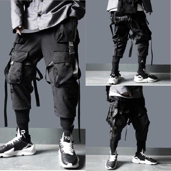 

men's pants men ribbons color block black pocket cargo jog sweatpant hip hop trousers ankle-length midweight polyester poplin
