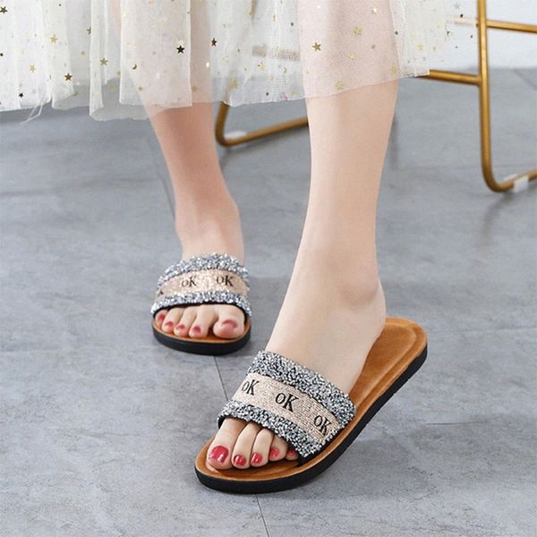 

women summer casual slipper ladies sequins outdoor fashion flat sandals woman bling non slip slippers female shoes 2020 new #0d8p, Black