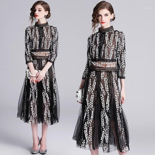 

2020 new runway desgin self portrait mid-calf women's dress elegant flower floral embroidery black vintage dresses vestidos robe1, Black;gray