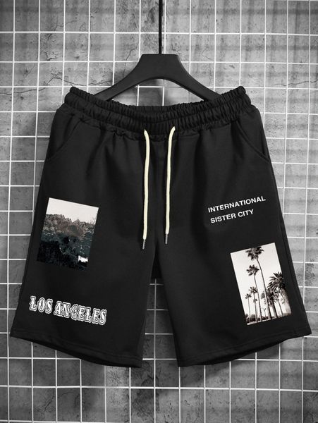 

men picture & letter graphic drawstring waist shorts a3dg#, Black