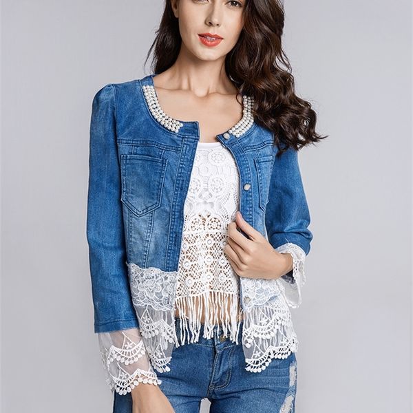 

2019 new jeans jacket women casacos feminino slim lace patchwork beading denim lady elegant vintage jackets coat dropship wwj084 y200101, Black;brown