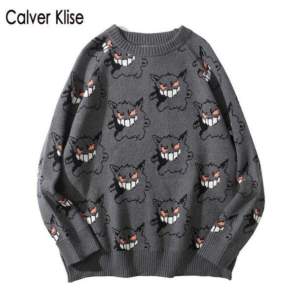 

calver klise gengar knitted sweater jumpers hip hop streetwear harajuku oversize knitwear men fashion casual wool pullover, White;black