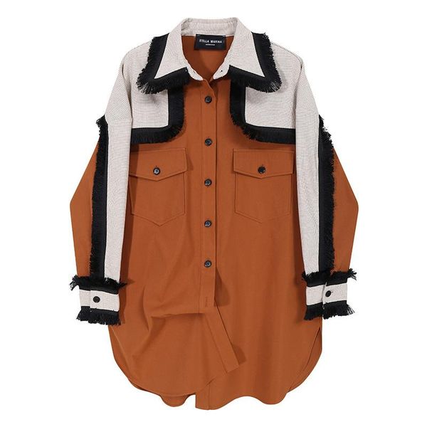 

2020 women brown contrast color big size blouse new lapel long sleeve loose fit shirt fashion tide spring autumn, White
