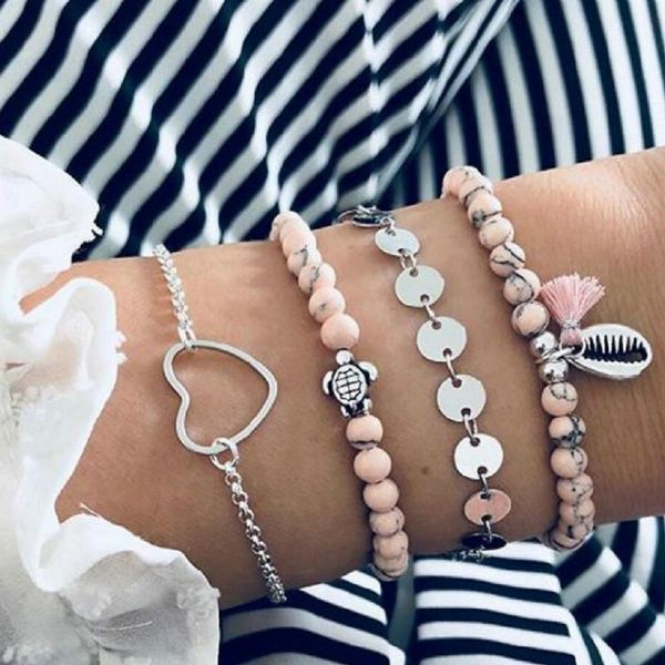 

link, chain 2021 heart-heart sequin shell tassel bracelet tortoise pine stone four-piece for women, Black