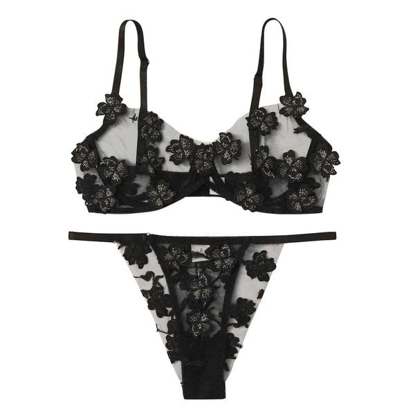 

bras sets fashionable flowers embroidery bralette for women lace bra bustier lingerie thong net yarn perspective brief 1203, Red;black