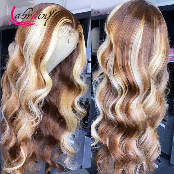 

lace wigs hd transparent highlight honey blonde body wave human hair colored remy wig pre plucked bleached knots 13x1+4x1, Black;brown