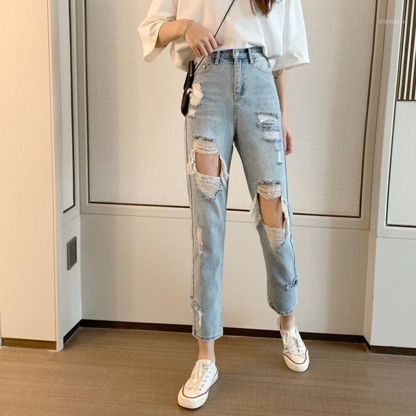 

2020 new large size women's tattered jeans long pants 23381, Blue