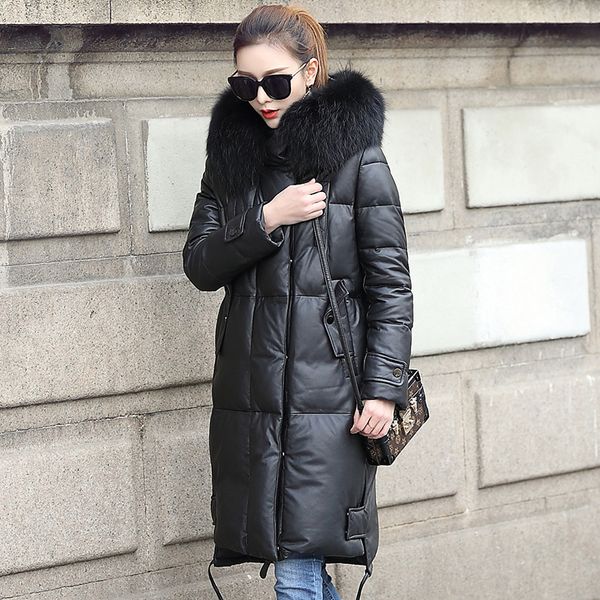 

2021 new genuine leather of the women winter duck down jacket big raccoon skin collar with long hood sheepskin jackets mf1001 kj4574 qcp3, Black