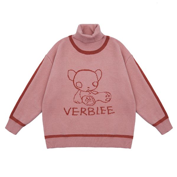 

2021 new turtleneck knitted women hip hop streetwear patchwork bear printed pullover sweater oversize men clothing 56nz, Black;white