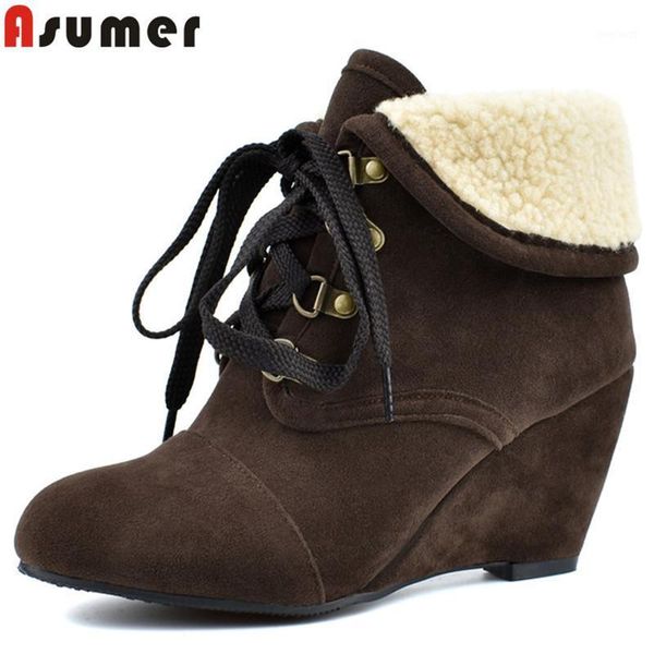 

asumer 2020 new ankle boots round toe lace up ladies autumn winter boots keep warm wedges snow women plus size 34-481, Black