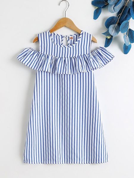 

girls striped print cold shoulder ruffle trim dress she01, Red;yellow