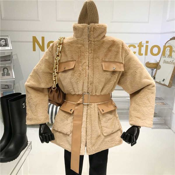 

mink hair medium length coat women autumn/winter 2021 new loose lace up zipper thickening coat for locomotive, Black
