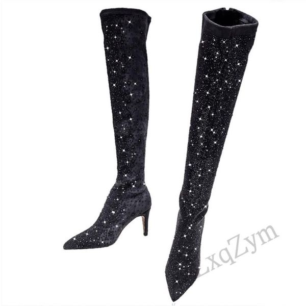 

boots women pointed toe bling over knee rhinestone crystal decor long tube thin high heels design fashion lady shoe, Black