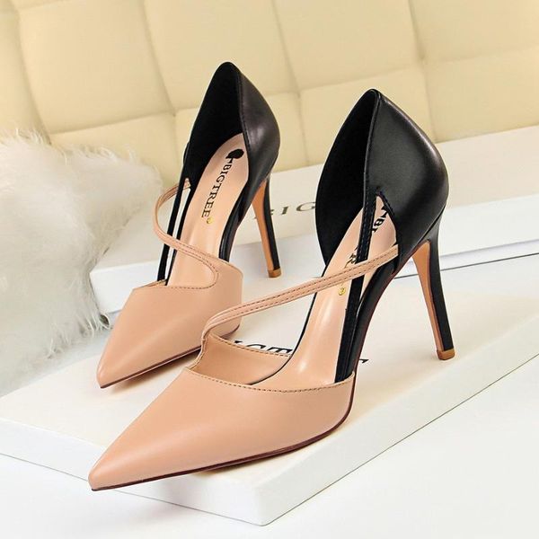 

dress shoes sweet high heels womens sips light tip cross-strap sandals color matching flat word skinny 9.5cm heel single, Black