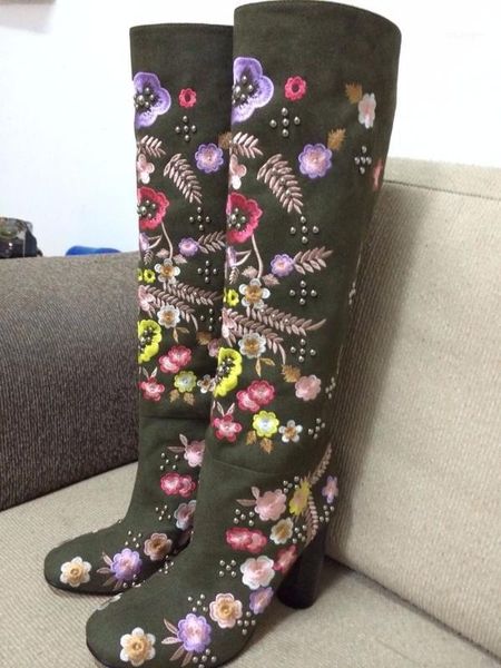 

zobairou botas-feminina embroidery florals thigh high boots knee high heels overknee bottine leather shoes women1, Black