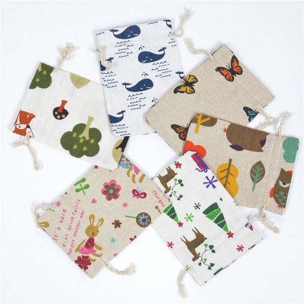 

100 шт. 13x18см винтажные натуральные хлопчатобумажные напечатанные конфеты подарочные сумки хлопчатобумажные джуту шнурки drawstring сумка