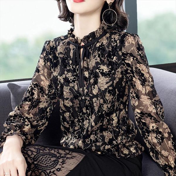 

spring chiffon shirt women long sleeve floral printed large size elegant ladies fashion summer blouse and shirt, White