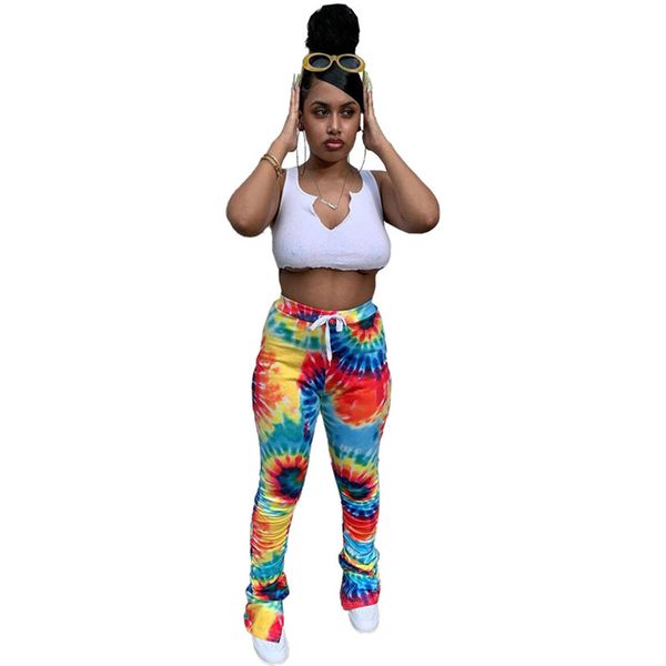 

женские брюки дамы тонкий tie-dye print plated расклепленные брюки сферальные штаны высокие талии брюки сплит белл нижний карандаш брюки оде, White