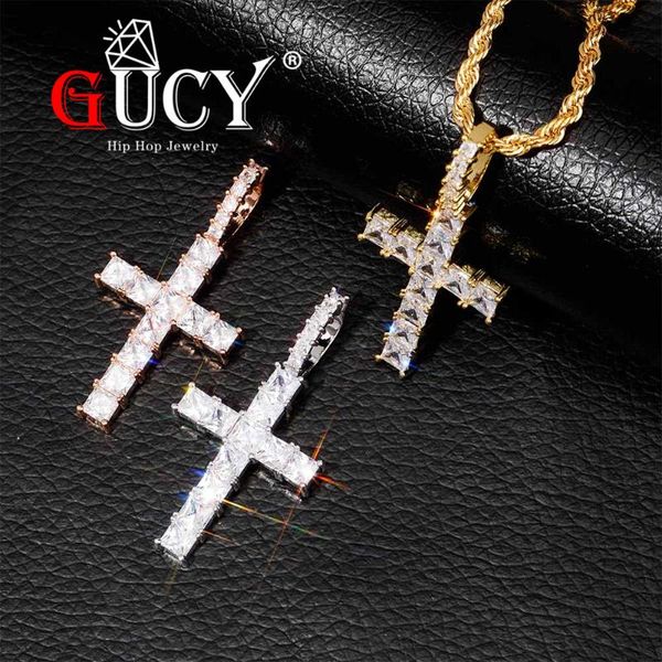 

gucy baguette cross pendant with 4mm tennis chain necklace set men's hip hop jewelry gold silver color cz pendant necklace
