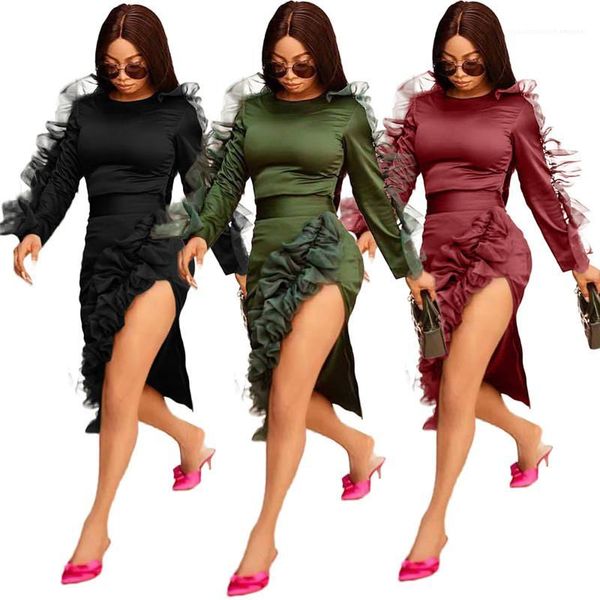 

womens dresses casual crew neck womens long sleeve fungus lace womens split dresses soild color, Black;gray