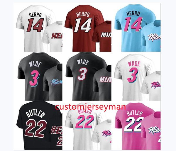 

basketball player tee miami#3 wade t-shirts fans &tees #22 butler short sleeves herro tshirts white blue pink print cotton mens size s-xl, Black