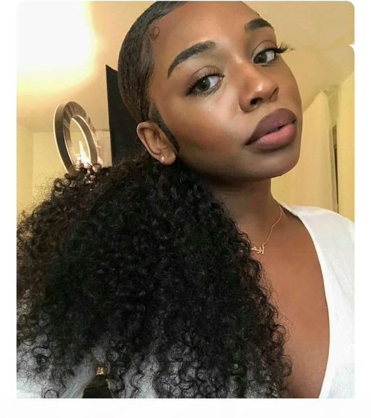 

sleek human curly hair ponytail hairstyle, african american afro kinky curly wrap drawstring puff ponytail hair extensions with clips 120g, Black