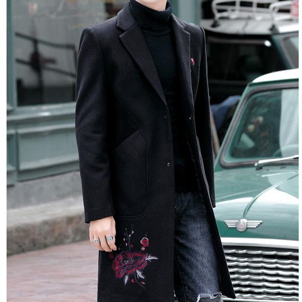 

manteau homme hiver winter 2021 men's long embroidered fashion long thick warm jacket casual woolen coat mens wool trench coat1, Black