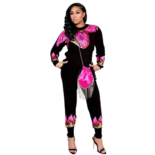 

vintage sequin embroidery round neck long sleeve & pants set, White
