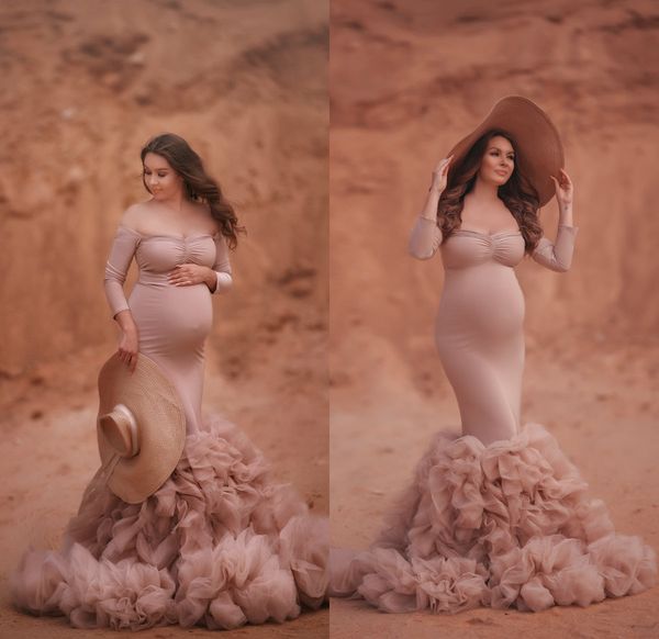 

gorgeous tiered ruffles maternity robes women long sleeve pshoot fluffy tiered dress formal event overlay sleepwear, White