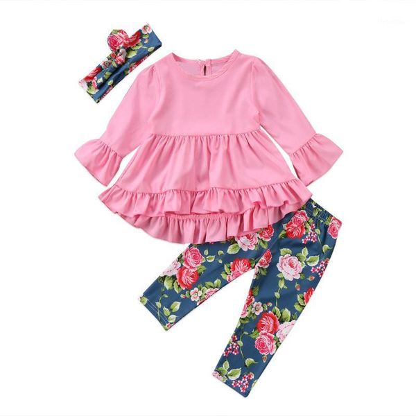 

clothing sets 2021 fall autumn 2-7y kids baby girl 3pcs set ruffled pink dress-style flared long sleeve floral print pants+headband1, White