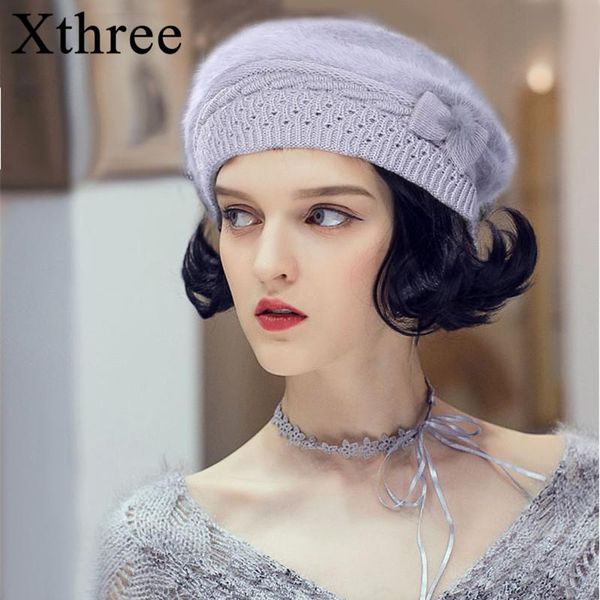 

berets xthree winter autumn beret hat for women knitted mom fur solid fashion lady cap fall female, Blue;gray
