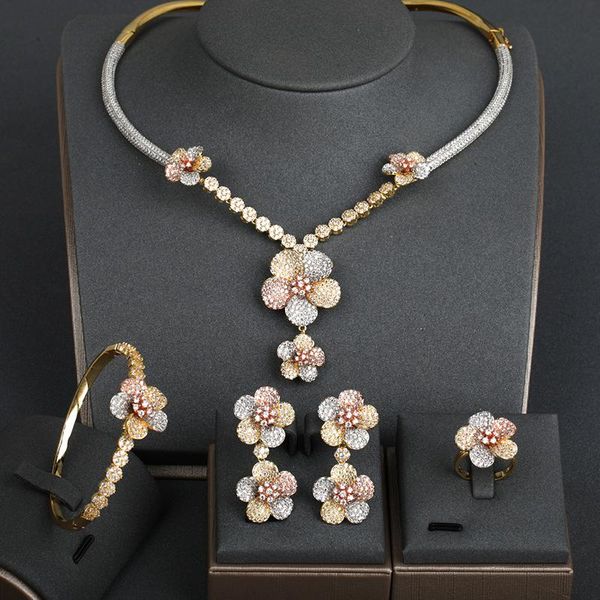 

dazz luxury nigerian wedding jewelry set zircon flower dangle collar earrings ring bangle banquet holiday accessories gifts 2021, Silver