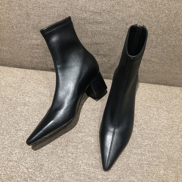 

outono inverno moda feminina dedo do p apontado fio elstico tornozelo botas criana camura sapatos de salto grosso meias femininas, Black