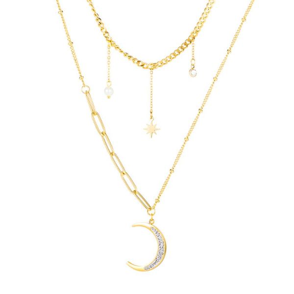 

chokers firebros gold color stainless steel zircon pearl star moon pendant multilayer chain necklace choker women jewelry drop, Golden;silver