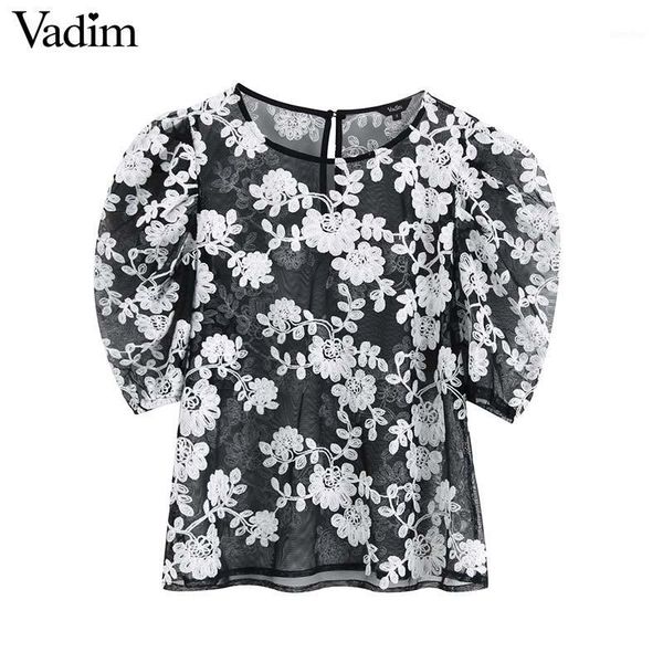 

vadim women chic floral embroidery mesh blouse transparent o neck three quarter sleeve see through stylish shirt da5831, White