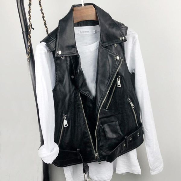 

women's leather & faux jtfan plus size 4xl sleeveless pu jackets winter jacket women belt veste motorcycle waistcoat vest, Black