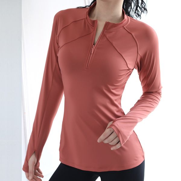 Top da yoga T-shirt da donna Autunno e inverno T-shirt a maniche lunghe con cerniera a doppia linea Abbigliamento fitness ad asciugatura rapida Giacca sportiva da corsa